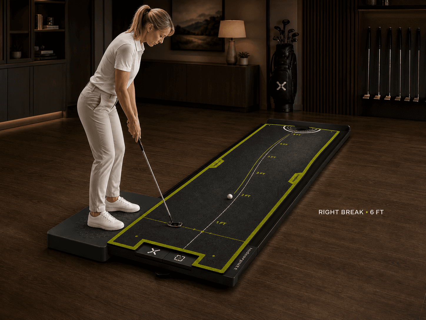 White golfer practicing a six-foot right-breaking putt from the attached NDoorPutt stance platform.