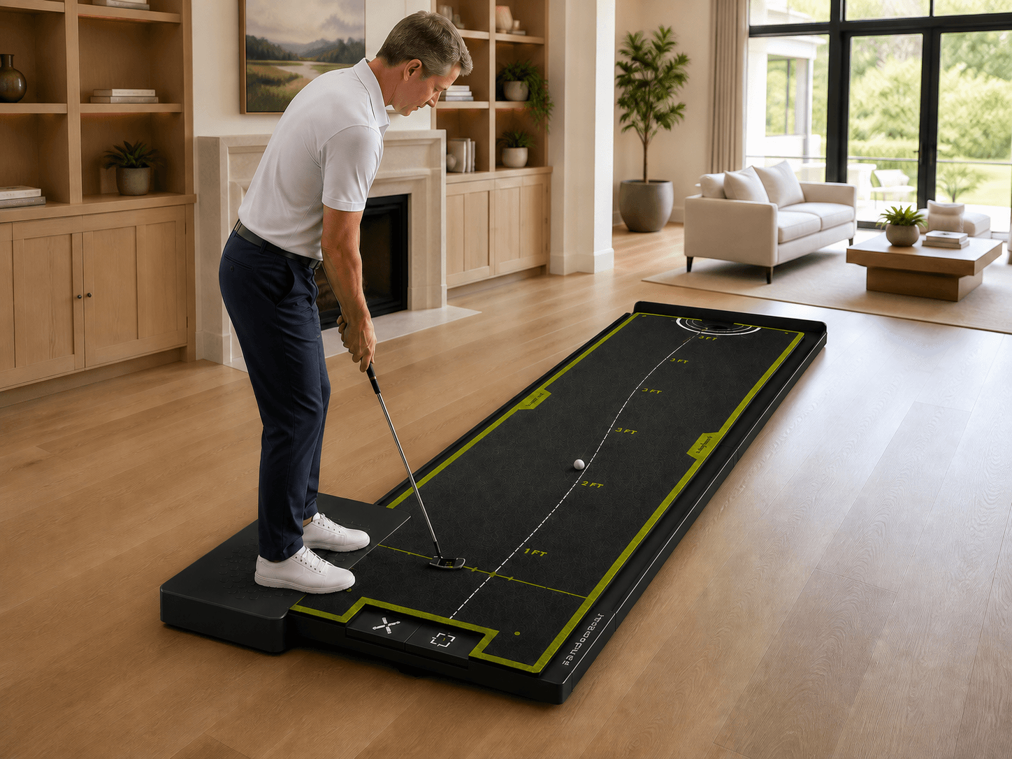 White golfer completing a putt from the attached NDoorPutt stance platform.