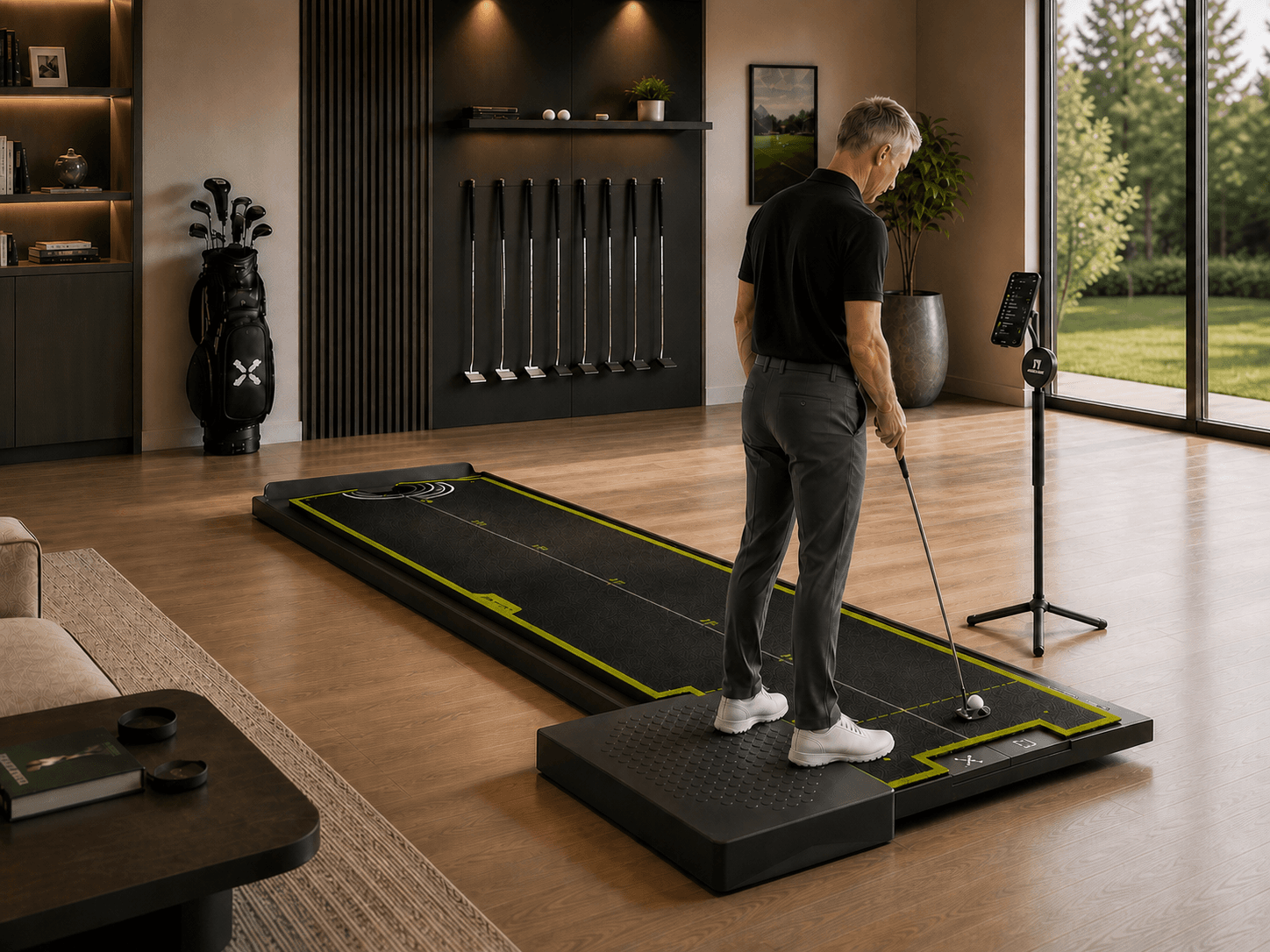 Golfer reviewing a personalized training plan on the NDoorFun phone stand between putts.